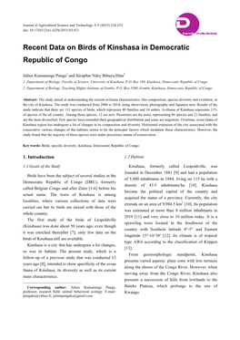 Recent Data on Birds of Kinshasa in Democratic Republic of Congo
