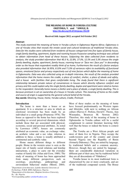 THE MEANING of HOME in YORUBA CULTURE OKEYINKA, Y. and *AMOLE, B. Abstract This Study Examined the Meaning of Home in Yorub