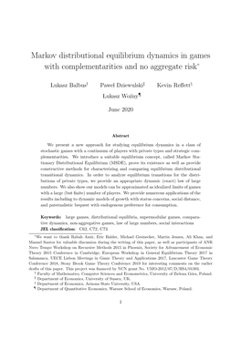 Markov Distributional Equilibrium Dynamics in Games with Complementarities and No Aggregate Risk*
