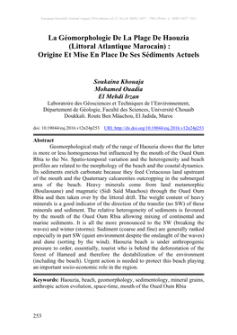 La Géomorphologie De La Plage De Haouzia (Littoral Atlantique Marocain) : Origine Et Mise En Place De Ses Sédiments Actuels