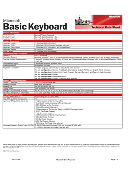 Version Information Product Name Microsoft® Basic Keyboard Product