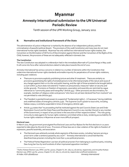 Myanmar Amnesty International Submission to the UN Universal Periodic Review Tenth Session of the UPR Working Group, January 2011