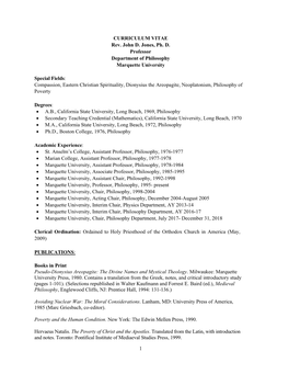 1 CURRICULUM VITAE Rev. John D. Jones, Ph. D. Professor Department of Philosophy Marquette University Special Fields: Compas