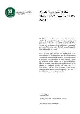 Modernisation of the House of Commons 1997
