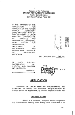Application for Approval of the Power Supply Agreement (Psa) Entered Into By