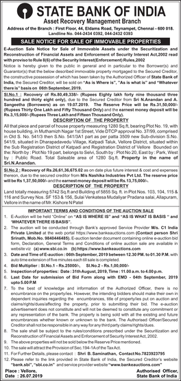 STATE BANK of INDIA Asset Recovery Management Branch Address of the Branch : First Floor, 44, Eldams Road, Teynampet, Chennai - 600 018