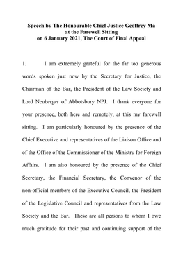 Speech by the Honourable Chief Justice Geoffrey Ma at the Farewell Sitting on 6 January 2021, the Court of Final Appeal