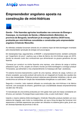 Empreendedor Angolano Aposta Na Construção De Mini-Hídricas