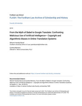 From the Myth of Babel to Google Translate: Confronting Malicious Use of Artificial Intelligence— Copyright and Algorithmic Biases in Online Translation Systems