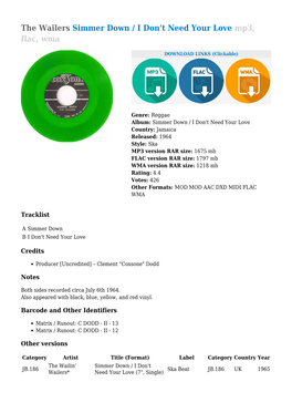 The Wailers Simmer Down / I Don't Need Your Love Mp3, Flac, Wma