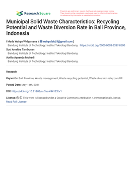 Recycling Potential and Waste Diversion Rate in Bali Province, Indonesia