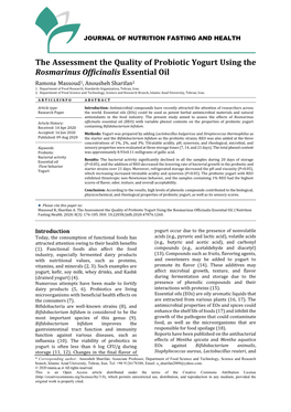 The Assessment the Quality of Probiotic Yogurt Using the Rosmarinus Officinalis Essential Oil Ramona Massoud1, Anousheh Sharifan2 1