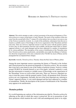 Remarks on Aristotle's Thettalon Politeia