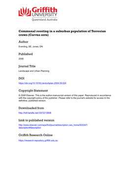 Communal Roosting in a Suburban Population of Torresian Crows (Corvus Orru)