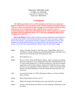 Interview with Gary Leib # VRK-A-L-2010-044 Interview # 1: October 5, 2010 Interviewer: Mark Depue