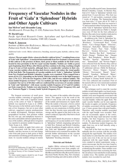 Frequency of Vascular Nodules in the Fruit of 'Gala·X 'Splendour· Hybrids and Other Apple Cultivars