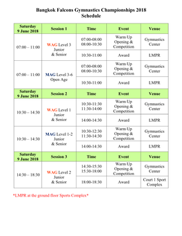 Bangkok Falcons Gymnastics Championships 2018 Schedule
