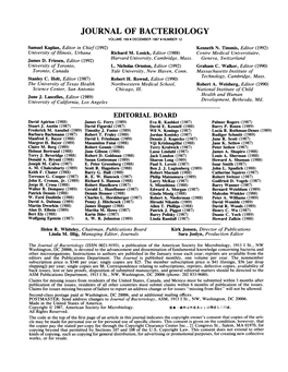 JOURNAL of BACTERIOLOGY VOLUME 169 DECEMBER 1987 NUMBER 12 Samuel Kaplan, Editor in Chief (1992) Kenneth N