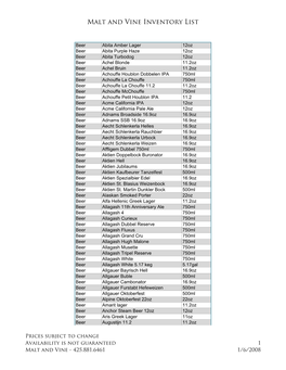 Malt and Vine Inventory List