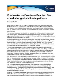 Freshwater Outflow from Beaufort Sea Could Alter Global Climate Patterns