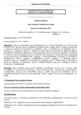 Compte-Rendu Du Conseil Communautaire Du 19 Décembre