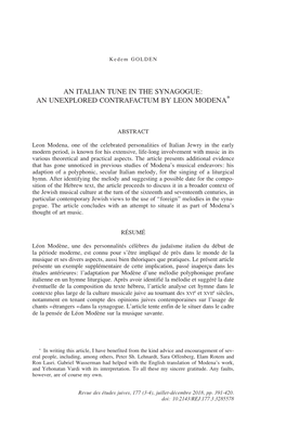 An Italian Tune in the Synagogue: an Unexplored Contrafactum by Leon Modena∗