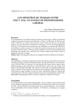 Los Ministros De Trabajo Entre 1920 Y 1936. Un Ensayo De Prosopografía Laboral