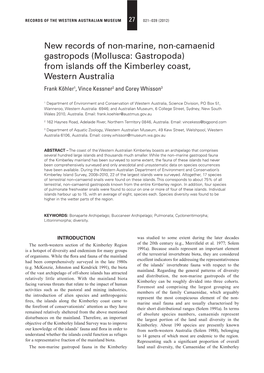 Mollusca: Gastropoda) from Islands Off the Kimberley Coast, Western Australia Frank Köhler1, Vince Kessner2 and Corey Whisson3
