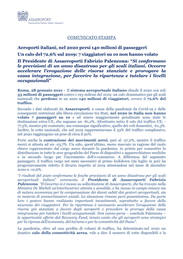 COMUNICATO STAMPA Aeroporti Italiani, Nel 2020 Persi 140 Milioni