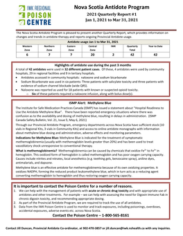 Nova Scotia Antidote Program 2021 Quarterly Report #1 Jan 1, 2021 to Mar 31, 2021