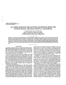 An Upper Miocene Hexactinellid Sponge from the Puente Shale, Orange County, California J