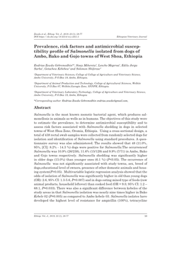 Prevalence, Risk Factors and Antimicrobial Suscep- Tibility Profile of Salmonella Isolated from Dogs of Ambo, Bako and Gojo Towns of West Shoa, Ethiopia