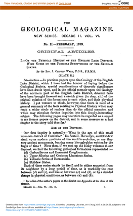 I.—On the Physical History of the English Lake District. with Notes on the Possible Subdivisions of the Skiddaw Slates