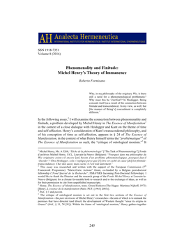 Phenomenality and Finitude: Michel Henry's Theory of Immanence