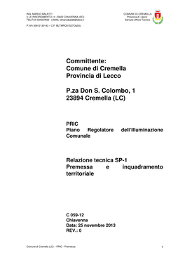 Committente: Comune Di Cremella Provincia Di Lecco P.Za Don S