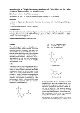 1 Aeruginascin, a Trimethylammonium Analogue of Psilocybin from The