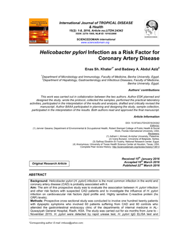 Helicobacter Pylori Infection As a Risk Factor for Coronary Artery Disease