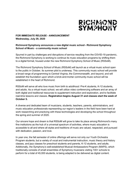 Richmond Symphony Announces a New Digital Music School - Richmond Symphony School of Music - a Community Music School