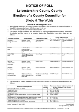 NOTICE of POLL Leicestershire County County Election of a County Councillor for Sileby & the Wolds