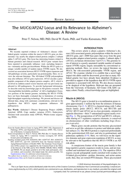 The MUC6/AP2A2 Locus and Its Relevance to Alzheimer’S Disease: a Review