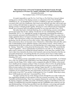 Microentrepreneur Or Precariat? Exploring the Sharing Economy Through the Experiences of Workers for Airbnb, Taskrabbit, Uber A