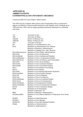 Appendix B Abbreviations Commonwealth University Degrees