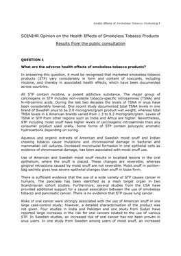 SCENIHR Opinion on the Health Effects of Smokeless Tobacco Products Results from the Public Consultation