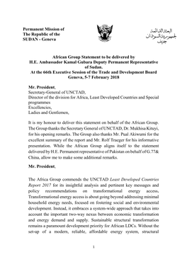 Geneva African Group Statement to Be Delivered by HE Ambassador