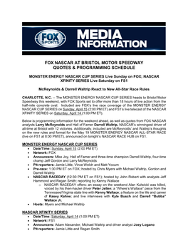 FOX NASCAR at Bristol Motor Speedway Quotes & Programming