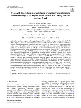 MALAT1 Knockdown Protects from Bronchial/Tracheal Smooth Muscle Cell Injury Via Regulation of Microrna-133A/Ryanodine Receptor 2 Axis