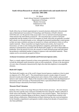 South African Research on Volcanic and Related Rocks and Mantle-Derived Materials: 2003-2006