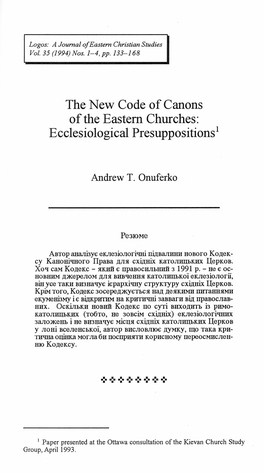 The New Code of Canons of the Eastern Churches: Ecclesiological Presuppositions 1