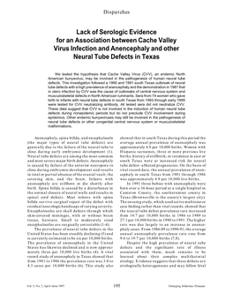 Lack of Serologic Evidence for an Association Between Cache Valley Virus Infection and Anencephaly and Other Neural Tube Defects in Texas