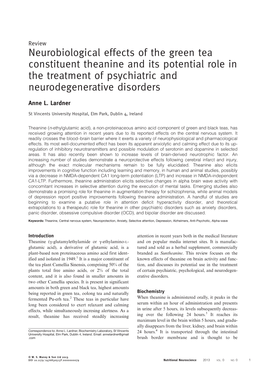 Neurobiological Effects of the Green Tea Constituent Theanine and Its Potential Role in the Treatment of Psychiatric and Neurodegenerative Disorders